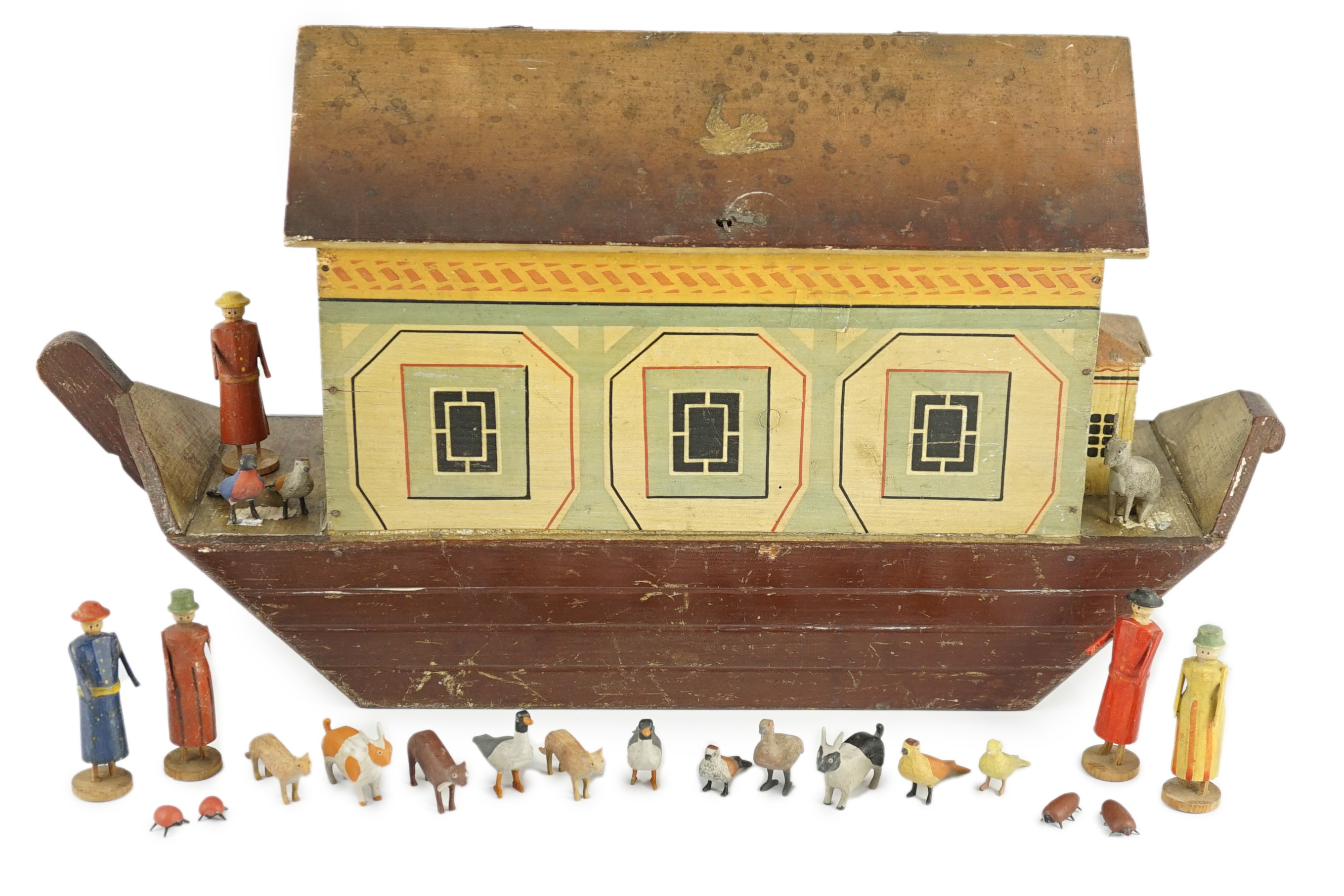 A late 19th century German painted wood Noah's Ark with 136 assorted figures and animals, 14cm wide, 54cm long, 30cm high, largest figure 8cm